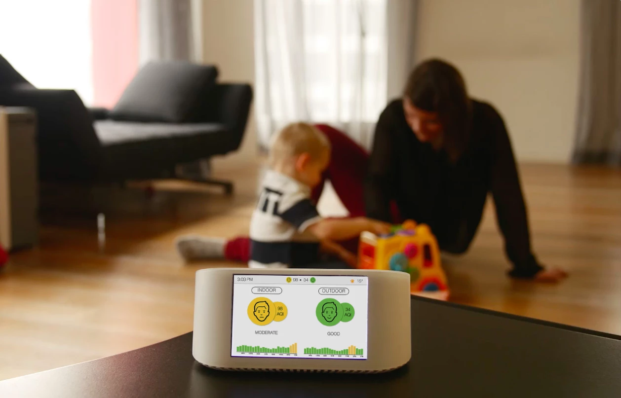 The AirVisual Node measures indoor and outdoor air quality, CO2 levels, temperature and humidity