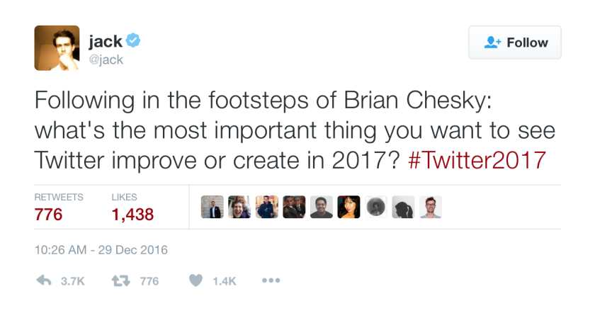 Twitter CEO Jack Dorsey's opening question to his users