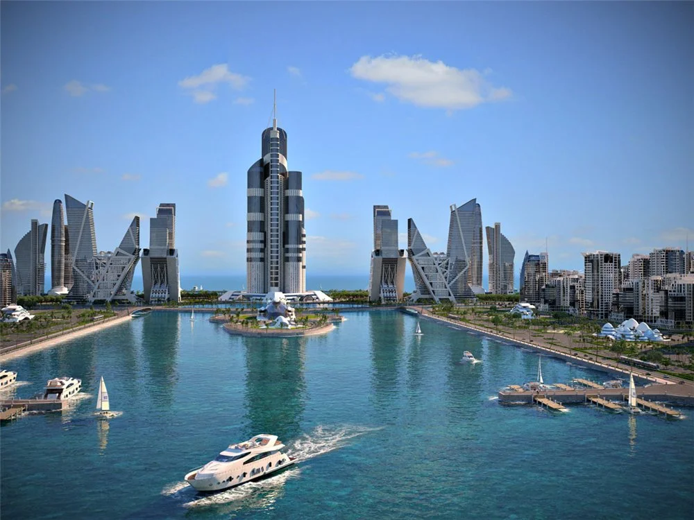 The Azerbaijan Tower would be 3,445 ft (1,050 m) high and form the centerpiece of the Khazar Islands development (Image: Architizer)