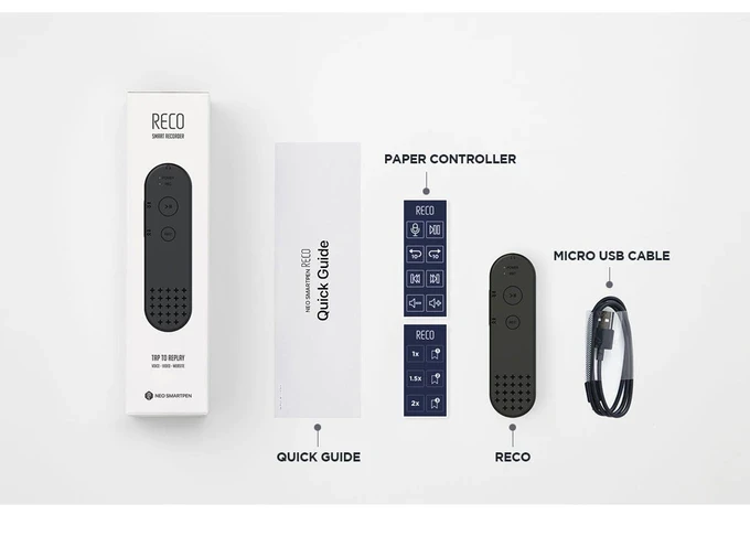 The Reco weighs around 35 g, and comes with small paper control sheets for operating the device by touching icons with a paired smart pen