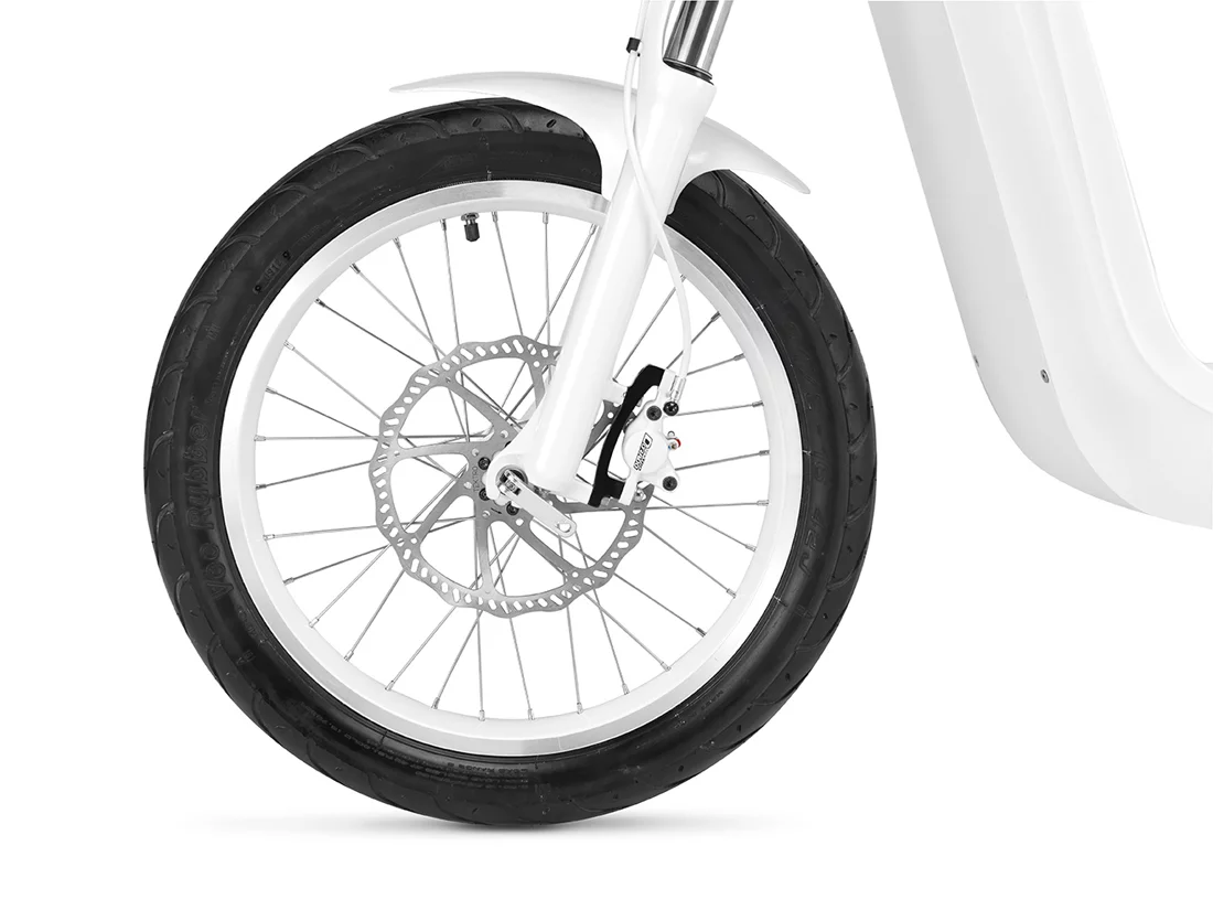 The Xkuty One scooter has front and rear hydraulic disc brakes