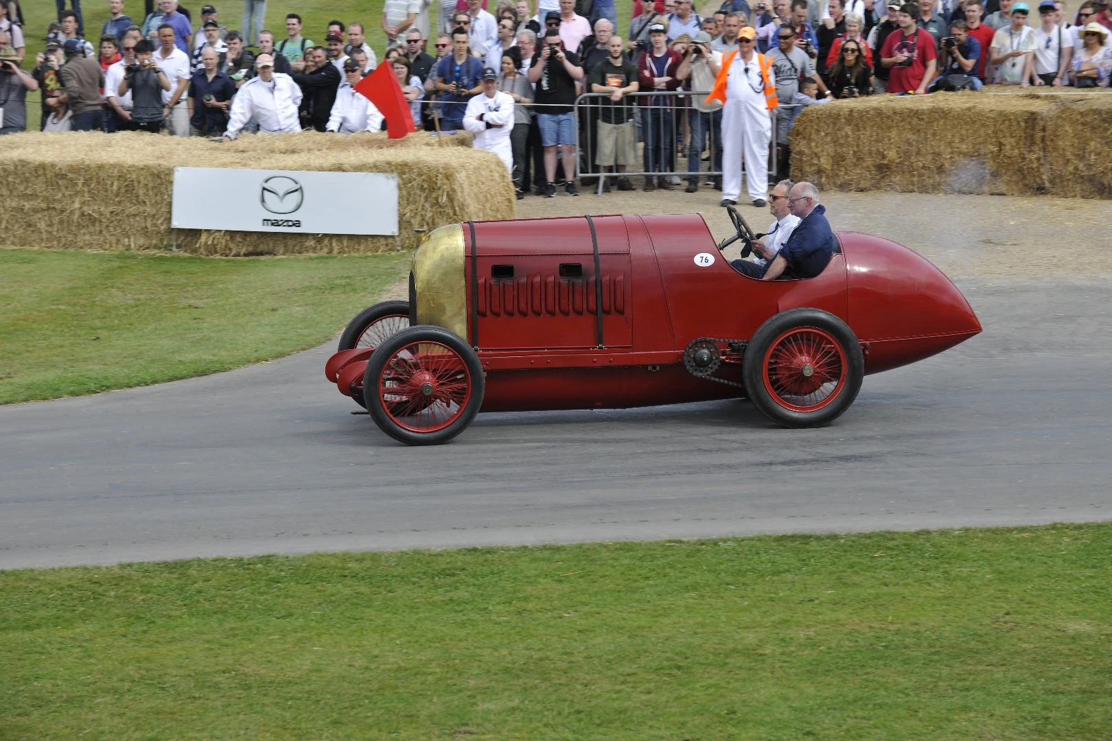 The “Beast of Turin” is an aptly-named four-cylinder 28.5 liter FIAT S76, the fastest (unofficially) car in the world in 1911 when it was recorded at 135 mph on public roads at Ostende in Belgium but was unable to complete a return run for the record. It had been anticipated as an entrant at the last Festival of Speed but just failed to complete an exhaustive ten year restoration in time. Here’s a lovely video of the first time the beast fired in over a century.