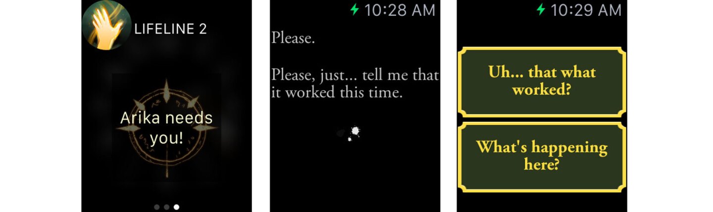Apple Watch screenshots from the choose-your-own-adventure game Lifeline 2