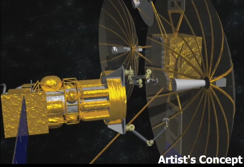 A rendering of DARPA's proposed tender satellite, in the process of removing the antenna from a defunct satellite