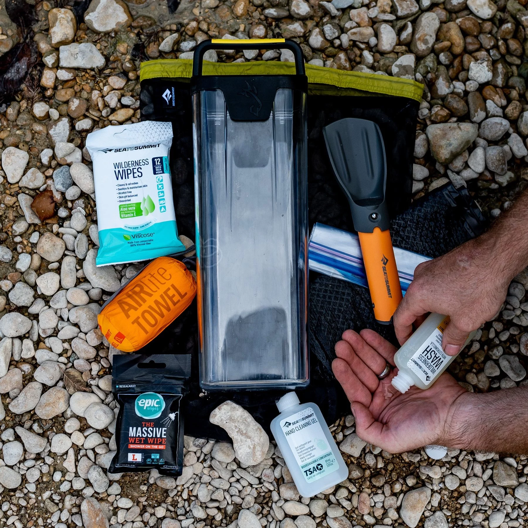 The "Hygiene" kit helps with the sometimes difficult tasks of pooping and showering in the wilderness