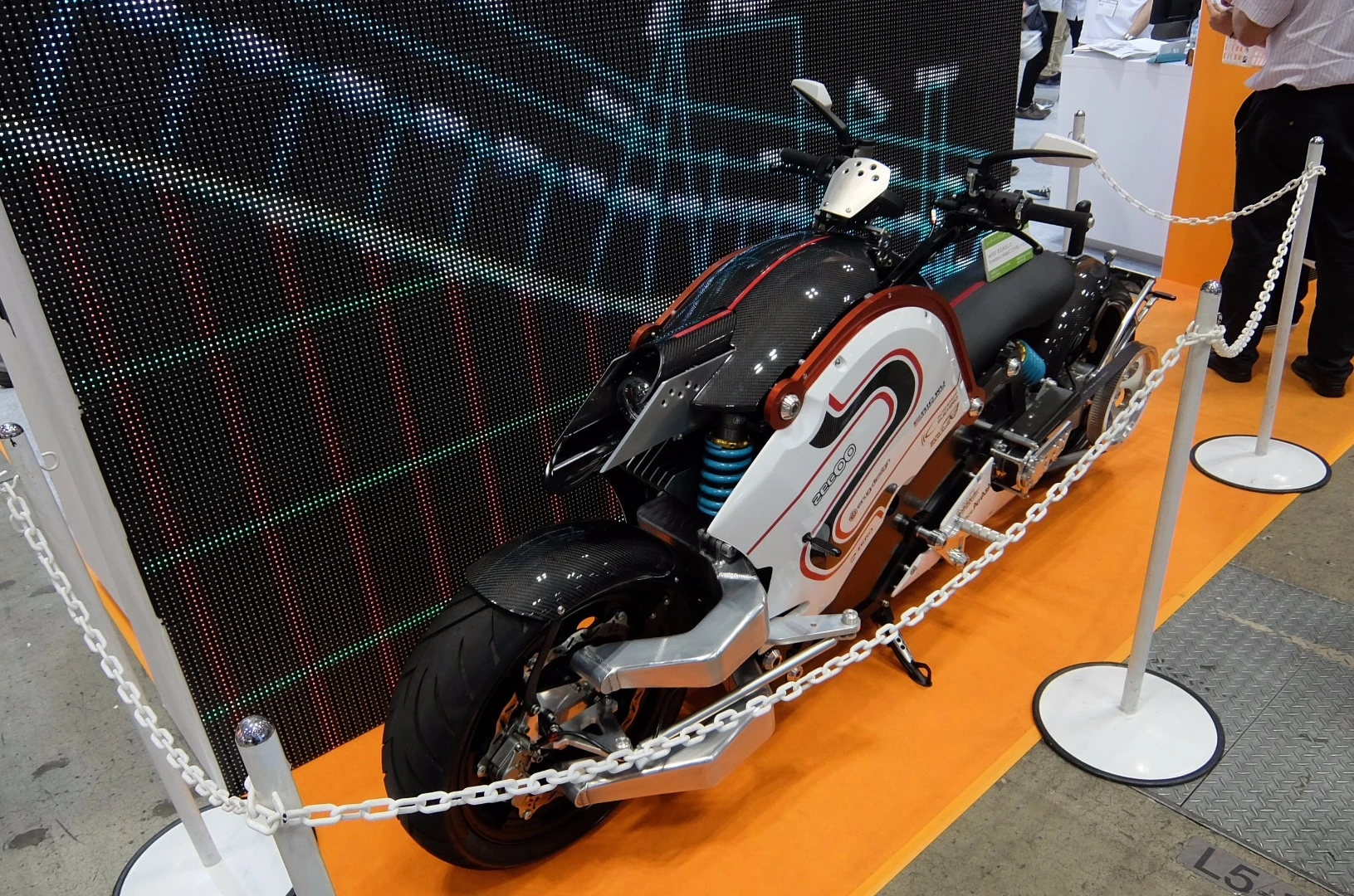 At the front, the only change to the production machine is the addition of a front headlight and turn indicators