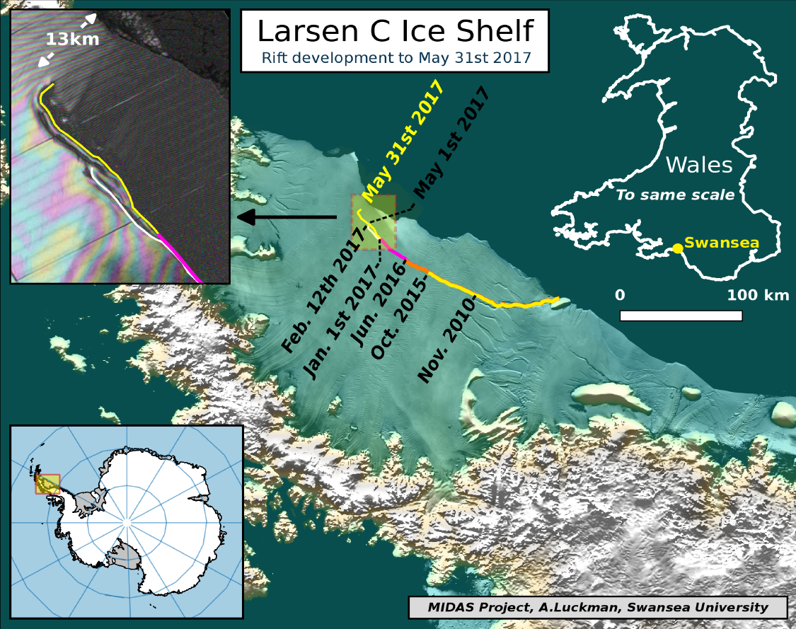 The most recent cracking shows the large mass of ice about to break off in West Antartica