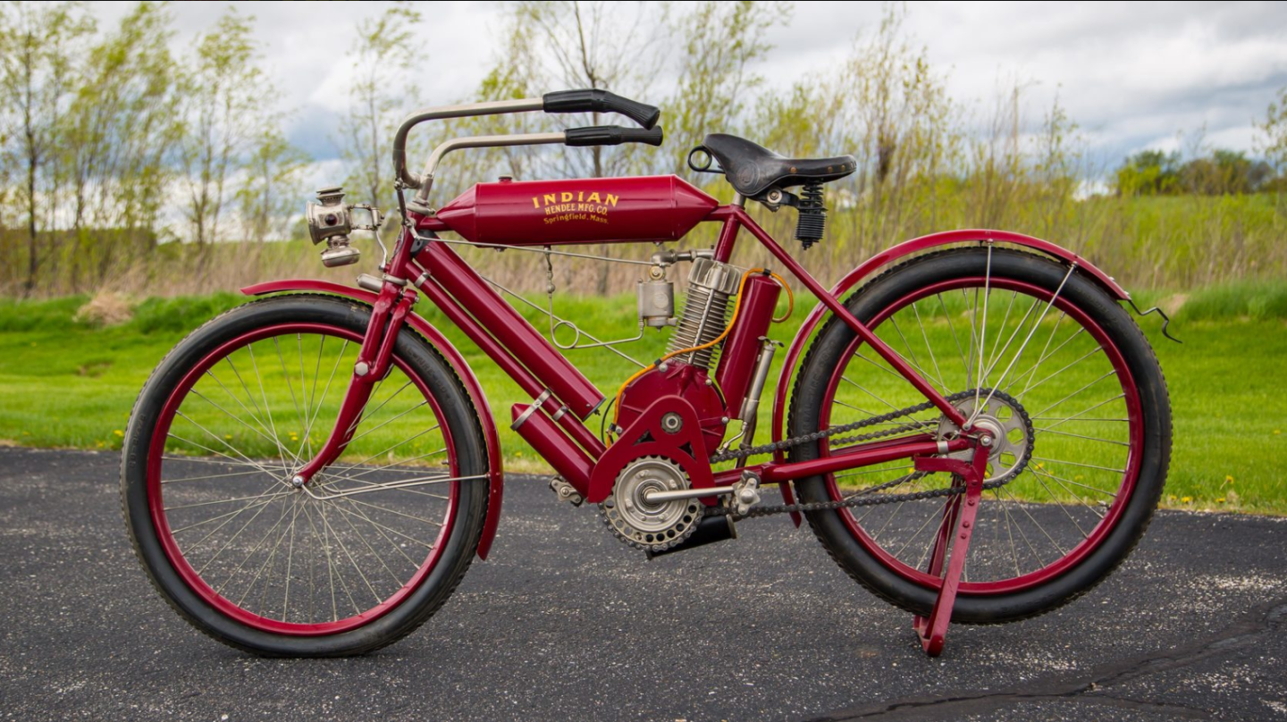 An award-winning restoration done in the 1970s, this 1906 Indian Racer is a rare bike in many ways, and this bike was produced towards the end of the period where Aurora manufactured the Indian designed-engine. It fetched $68,750. Auction Description