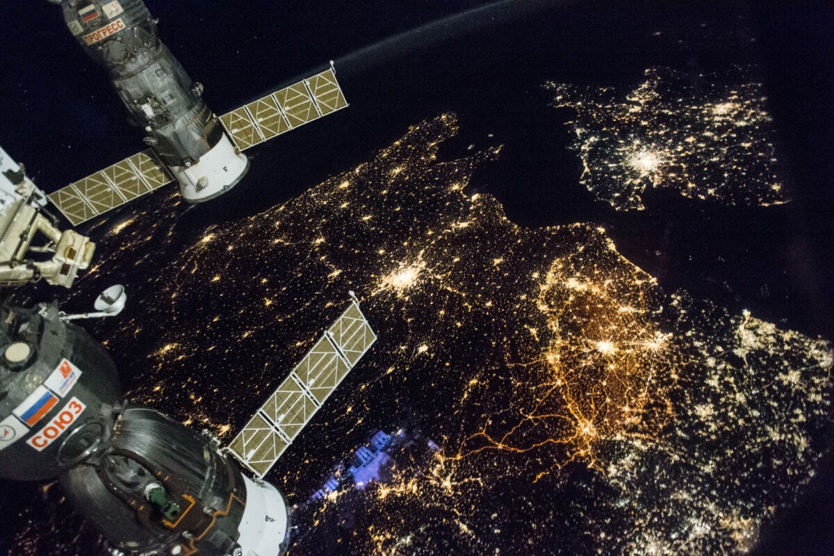 Western Europe as seen on a November night in 2016. England and Wales can be seen on the upper right of the shot, with Paris visible in the center and Belgium and the Netherlands to the middle-right