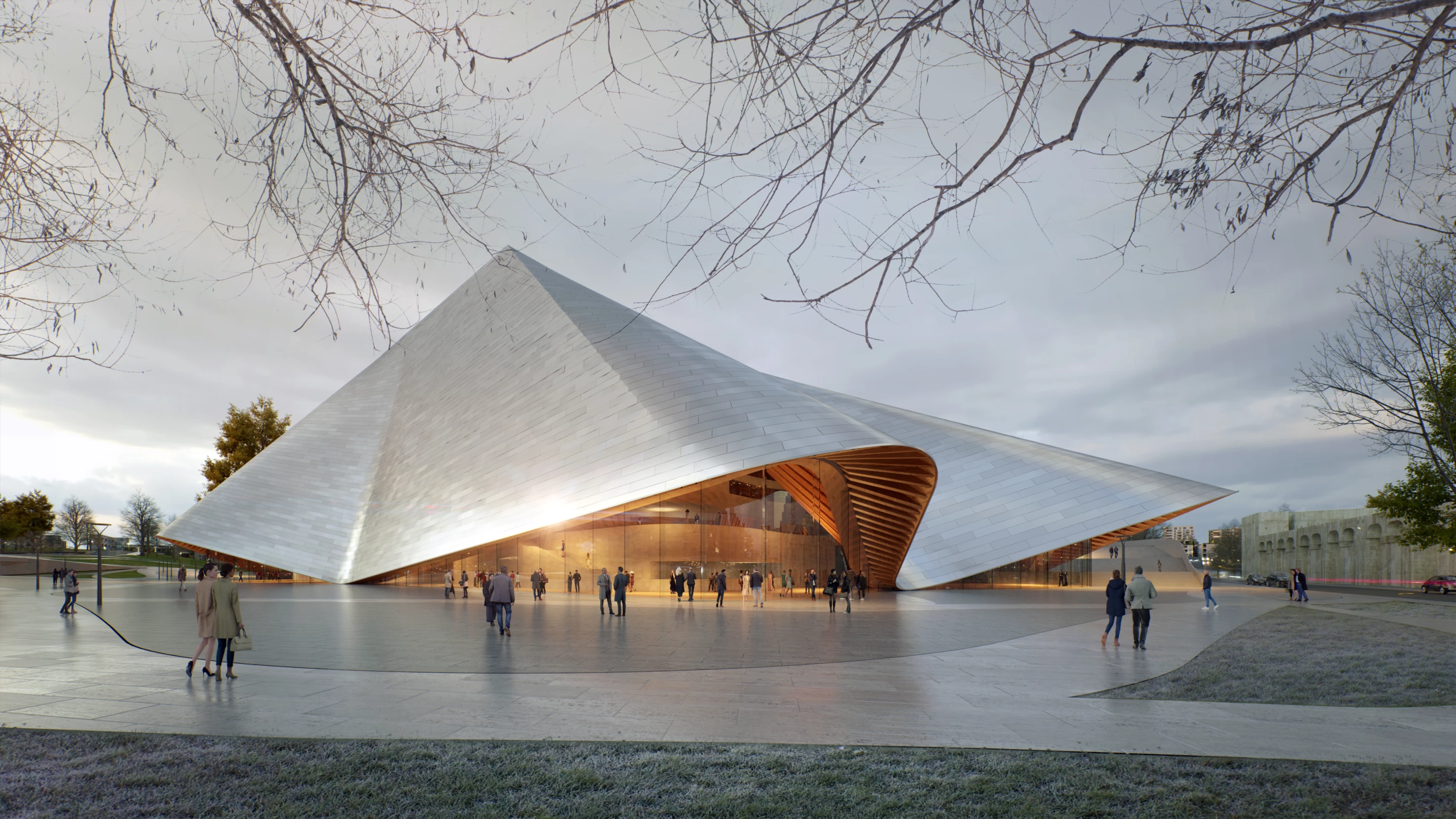 The Opera and Ballet Theatre of Kosovo will be defined by a plunging roof which references a traditional local skirt