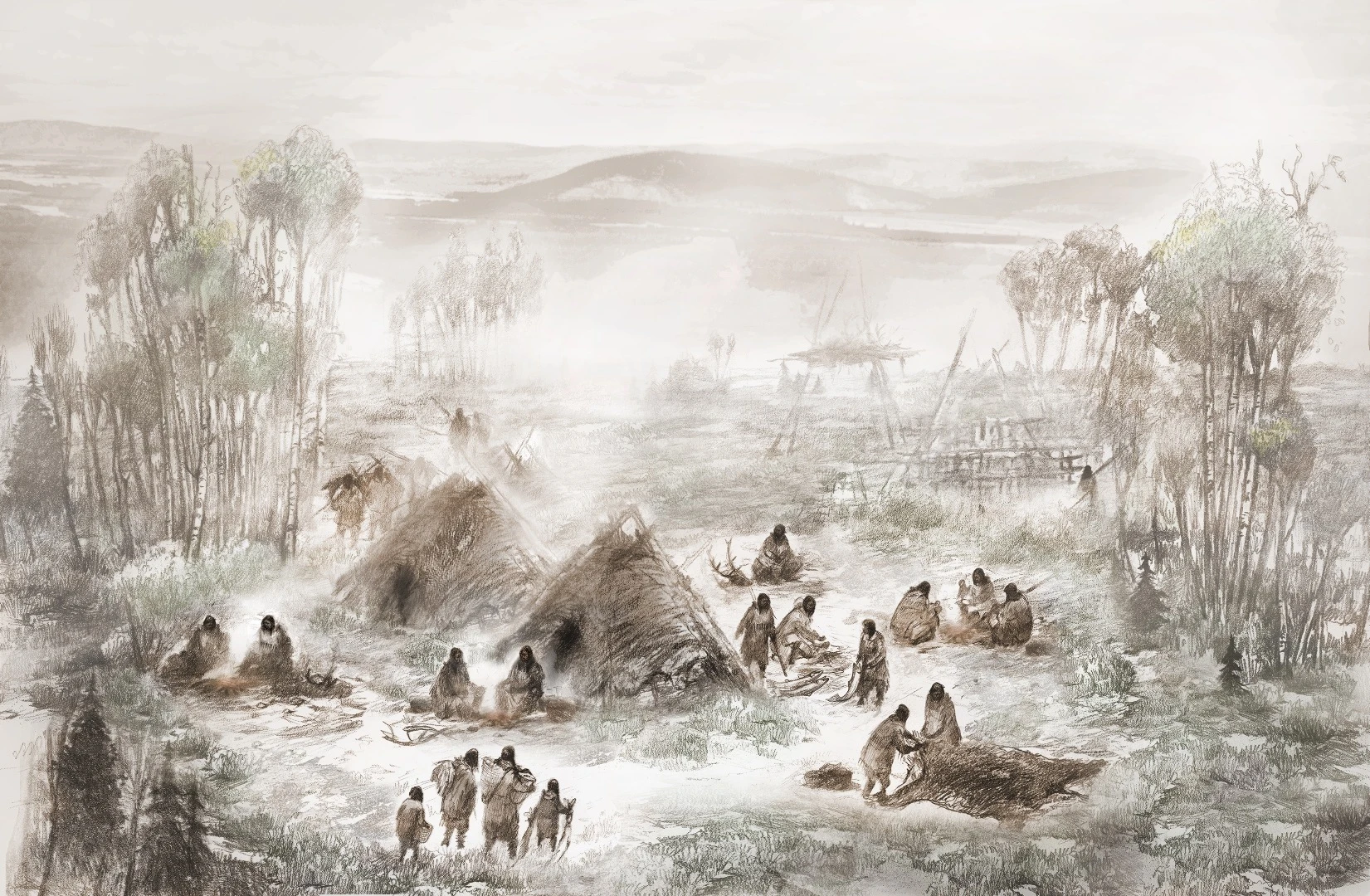 An artist's impression of the camp in central Alaska where the fossil was unearthed