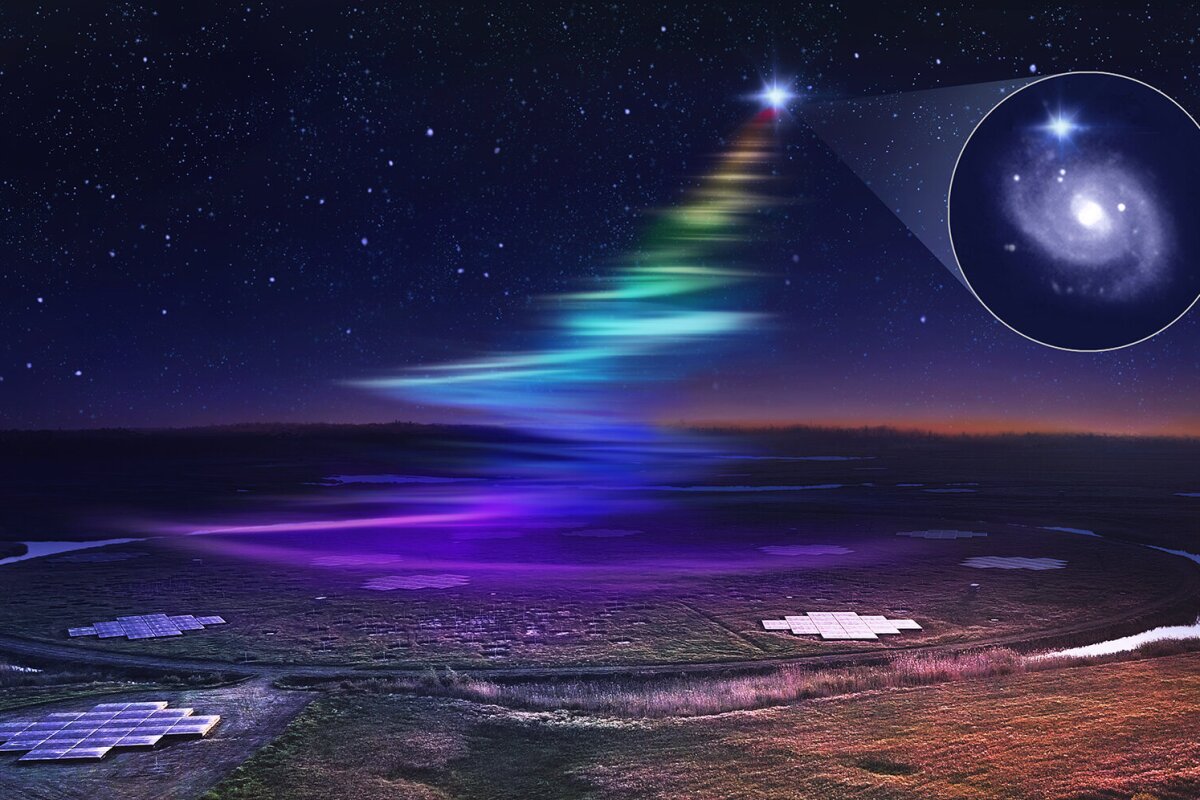 Artist's impression of low frequency radio waves from an FRB washing over the LOFAR telescope in the Netherlands