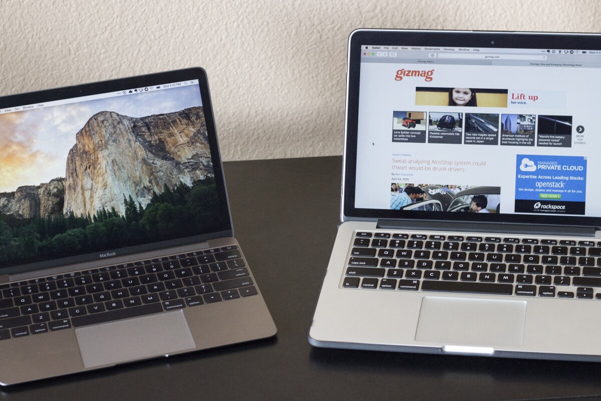 Gizmag goes hands-on with Apple's next-gen MacBook (left) and the 13-in MacBook Pro with Retina Display (2015) (Photo: Will Shanklin/Gizmag.com)