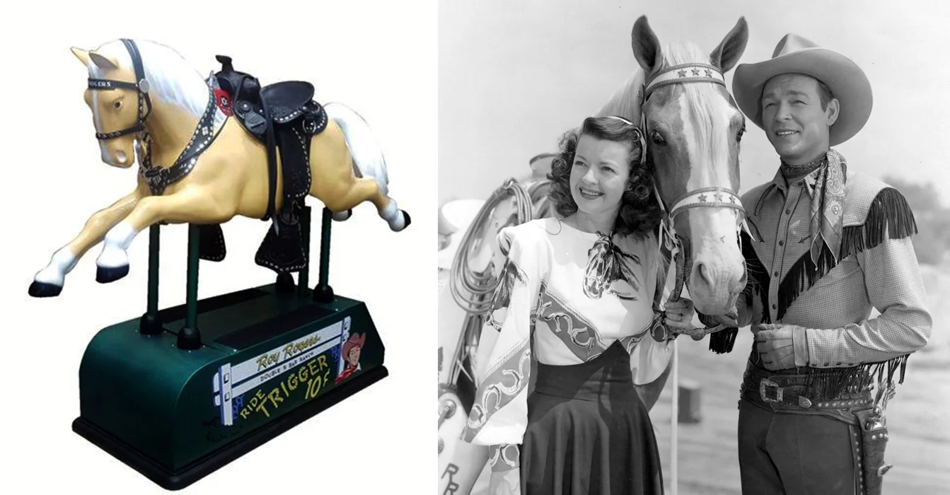 From the heyday of the Kiddie Ride comes this coin-operated Roy Rogers "Ride Trigger" produced in the mid-fifties. This ride would unquestionably have been the most popular of them all. Rogers was one of the most influential performers in American history, first as a very successful and respected musician, then as an action hero on radio, television and in more than 100 movies who fell into acting and became one of the most prolific and loved actors of all-time ... and Trigger, his horse, was with him through them all. Trigger was the national pet during this time, and many a tear would have been shed persuading mum to let junior have a ride on Trigger. This Roy Rogers "Ride Trigger" coin-operated kiddie ride sold for $8,625 at Barrett-Jackson's Scottsdale 2018 auction.