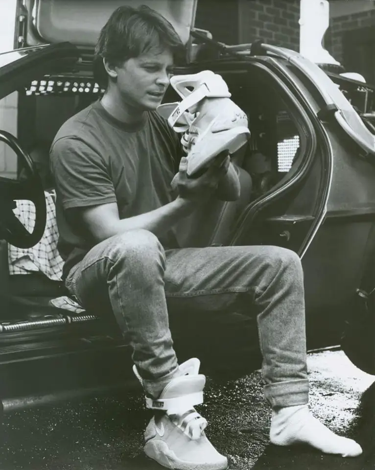 Michael J. Fox as Marty McFly, with the original pair of NIKE MAGs