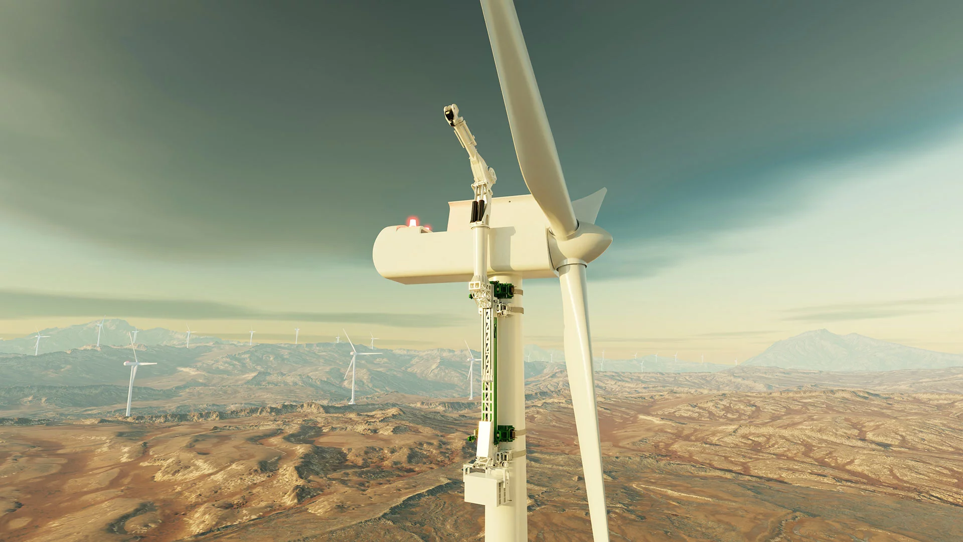 The KoalaLifter hugs a turbine tower, a little like a koala in a Eucalyptus tree, then climbs up and deploys a powerful crane