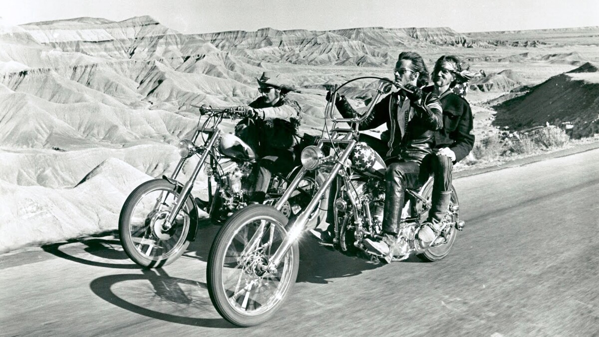 The current world auction record holder for motorcycles, the Captain America Chopper ridden by Peter Fonda in the film Easyriders, seen here in a publicity still for the film
