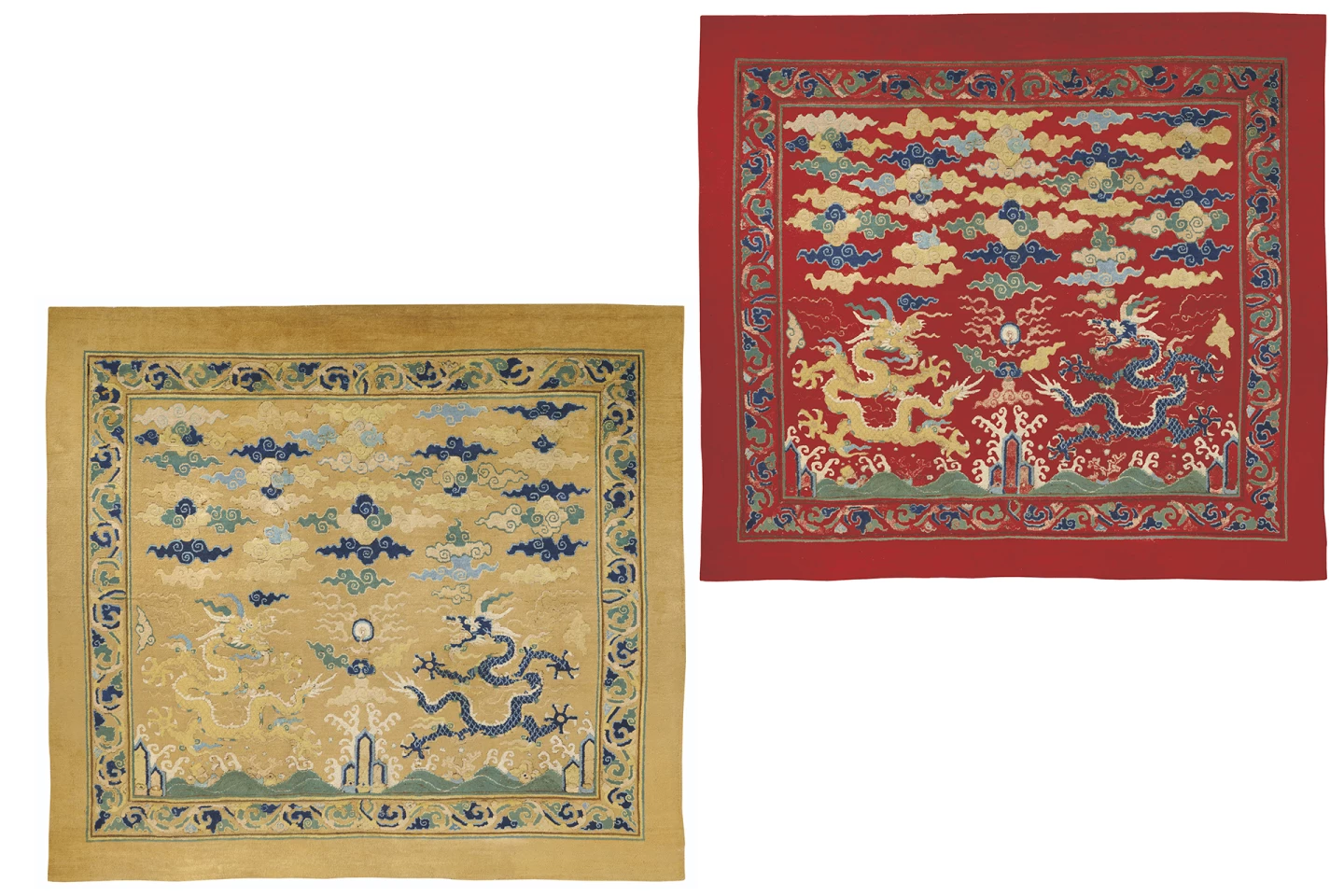 This Imperial Dragon Carpet that once adorned the throne room of the Ming Dynasty Imperial Palace, sold for €6,881,000 ($7,741,125) at Christie's on 23 November 2021. The carpet at left is as it sold at auction, having faded over time. The carpet at right is how it would have appeared when used in the ancient Beijing Palace.