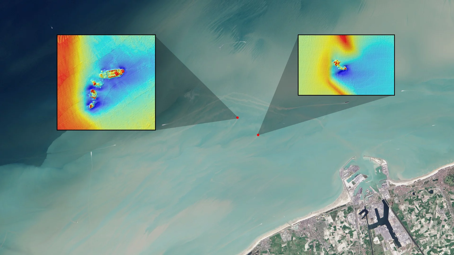The researchers determined that it's possible to use Landsat data to make shipwreck detections (echosounder data, which was also used for the study, can be seen in the inset images)