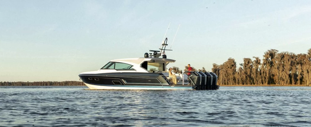 The V12 Verado's steerable gear case and stationary engine body allows for more compact mounting than would otherwise be possible