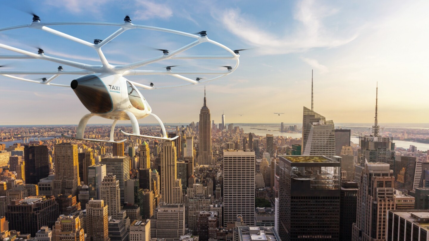 Render of a Volocopter flying taxi over an urban center