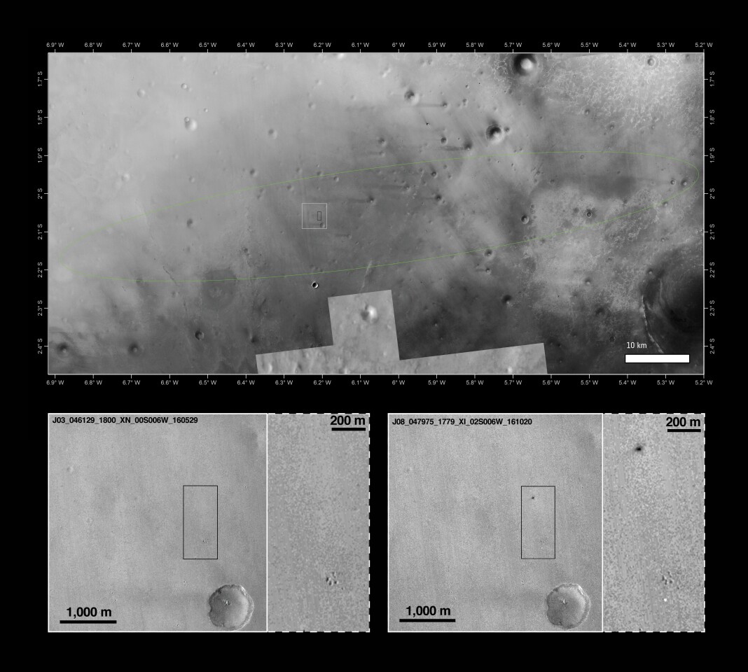 Schiaparelli landing zone (top) plus before (bottom left) and after (bottom right) impact images