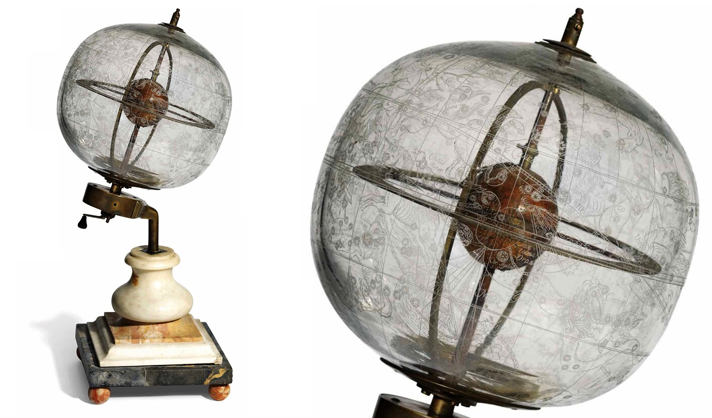 This glass celestial globe by John Cowley is the earliest glass celestial globe known, estimated to have been made between 1730 and 1740. It sold for $217,165 (GBP £162,500) at Christies on December 13, 2017