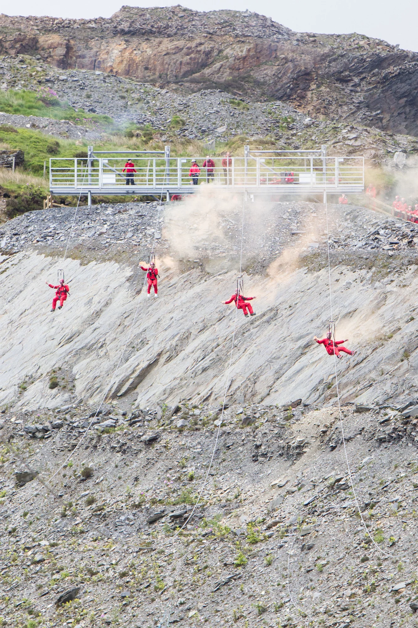 There are over 8 km of cable at Zip World and participants descend each zip line in teams of four