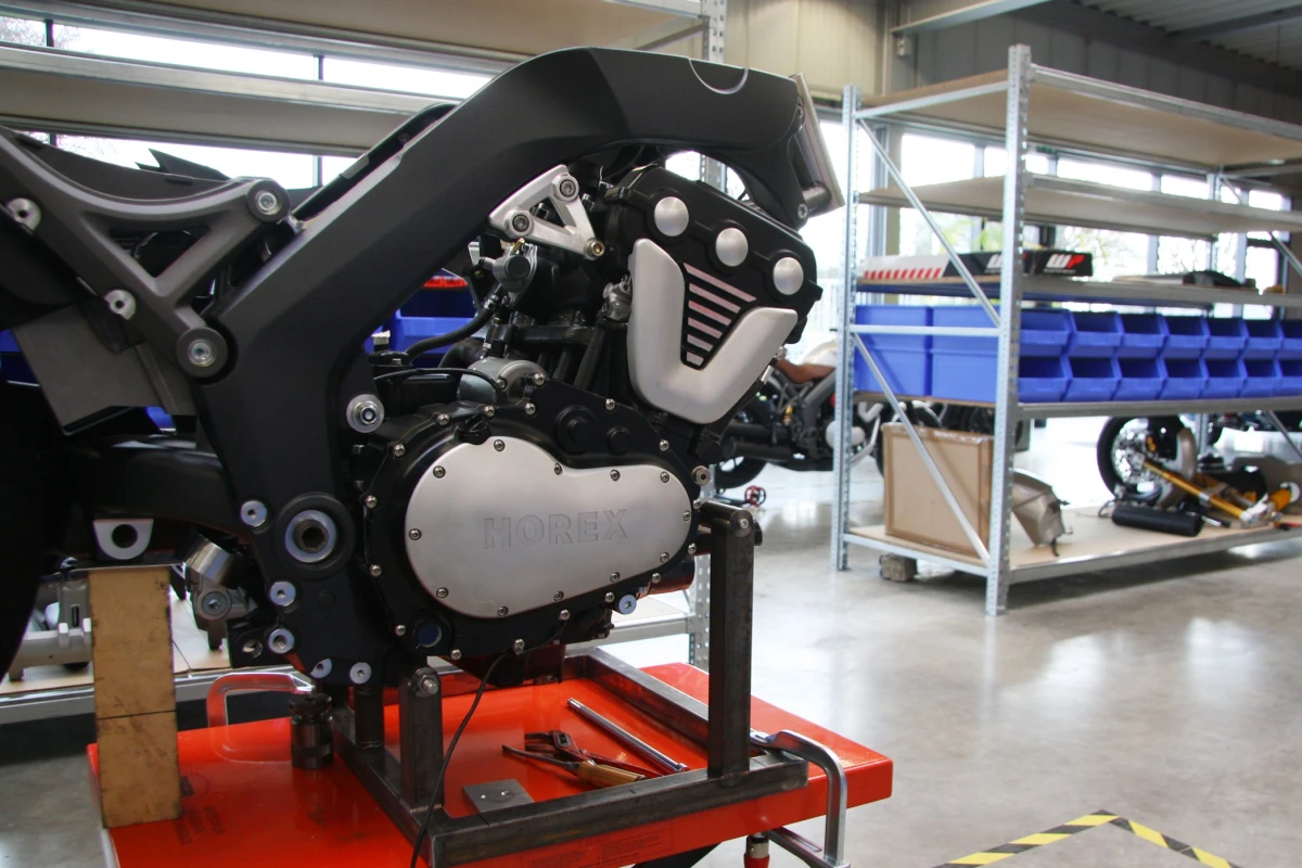 A V6 Horex engine sits in the frame, waiting for production to begin.