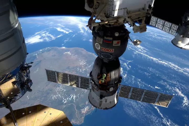 This image, taken as the ISS flew over Madagascar, shows three different spacecraft attached to the station