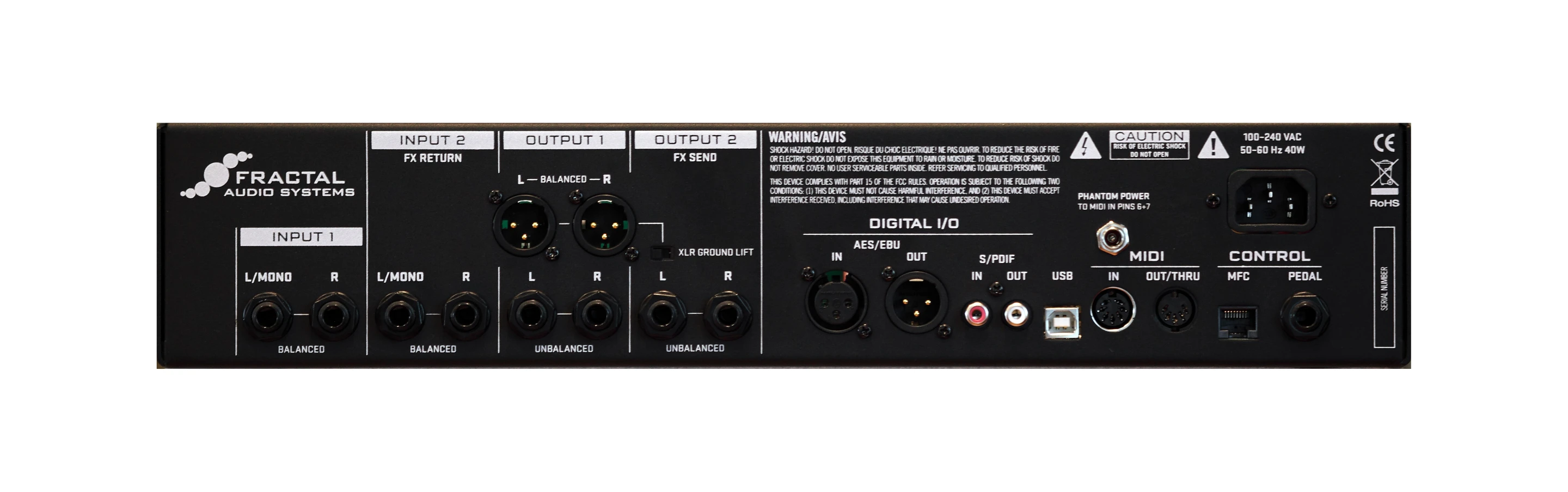 A look at the rear showing input and output connectivity - including S/PDIF and AES input and output, a 7-pin MIDI In and a selectable MIDI Out/Thru jack and a USB port