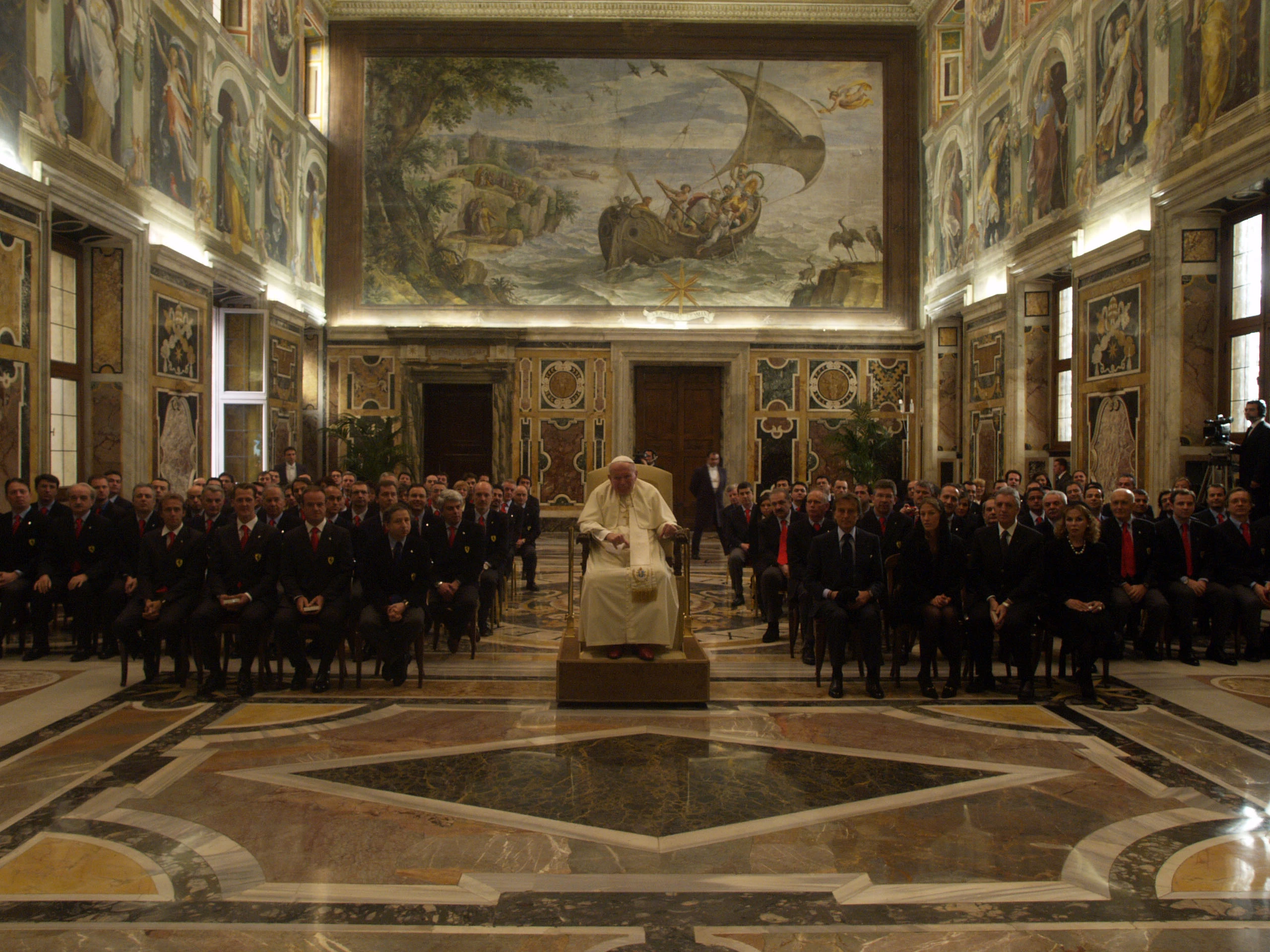 Pope John Paul II meets with a Ferrari delegation in the Vatican’s Palazzo Apostolico on 17 January 2005. Ferrari President Montezemolo was in attendance along with Piero Ferrari , Jean Todt, Michael Schumacher, Rubens Barrichello, Luca Badoer and 90 other Ferrari employees.