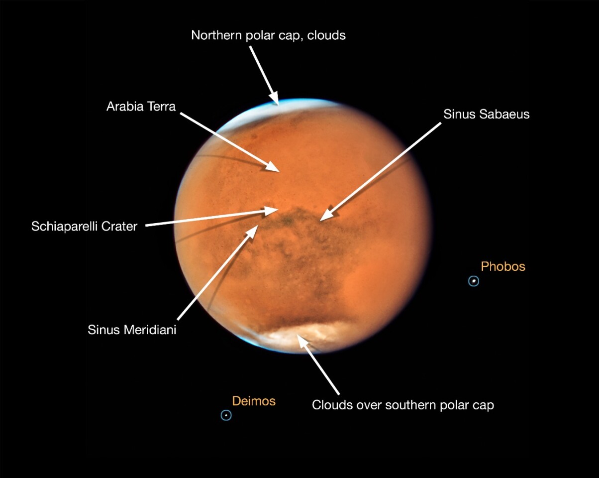 Annotated version of the new Hubble image of Mars highlighting surface features that remained visible through the thick dust storm