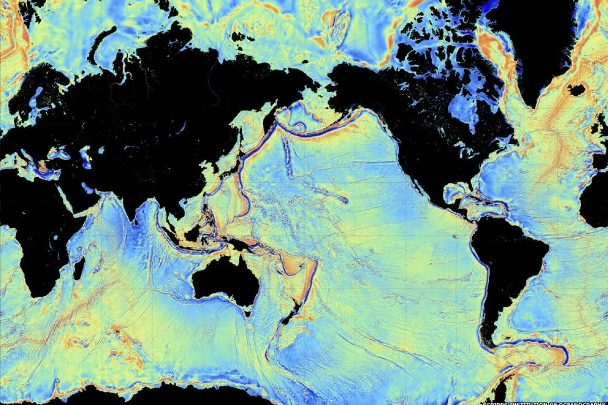 A new map of the seafloor is twice as accurate as the previous version (Image: David Sandwell, Scripps Institution of Oceanography, UC San Diego)