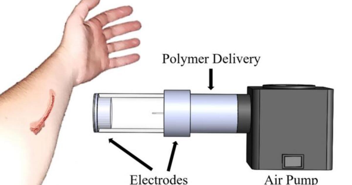 Portable device spins custom dressings onto wounds