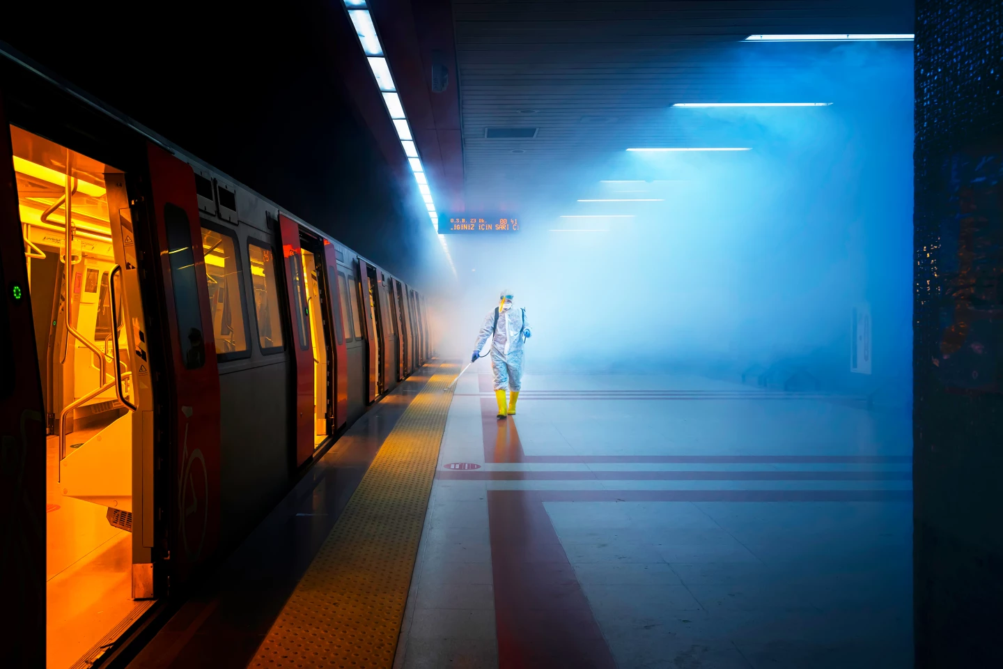 'Disinfection'. During the coronavirus pandemic, the Health Affairs unit of Ankara Municipality sprays all public transportation, day and night.
