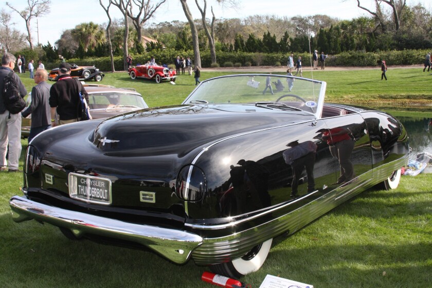 The Thunderbolt concept was designed by Alex Tremulis (later to design the Tucker Torpedo, Cord 810 and 812, all of which shows in the Thunderbolt in our opinion) and Ralph Roberts from coachbuilders LeBaron. The futuristic design includes, as you can see above, retractable headlights and it was also the very first convertible with a fully-retractable, electrically-operated hard top, which was designed, developed and patented by Ralph Roberts. The Thunderbolt is powered by a 140 hp, 323.5 ci, Spitfire straight eight and was named after Captain George Eyston's car that ran a new land speed record of 357.53 mph at Bonneville in 1938. The Thunderbolt has push-button door switches inside and out and was the first car to use back-lit, Lucite-edged illuminated gauges.This car is one of only four surviving Thunderbolts, and as far as we can find, the only one to ever reach public auction fetched $935,000 at RM-Sotheby's 2011 Monterey sale.