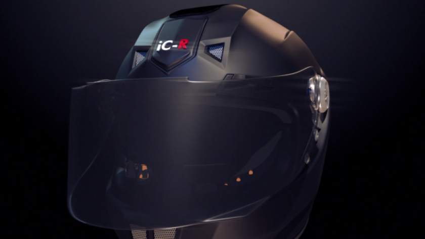Intelligent Cranium's iC-R helmet - e-tint visor turns dark when a small voltage is applied