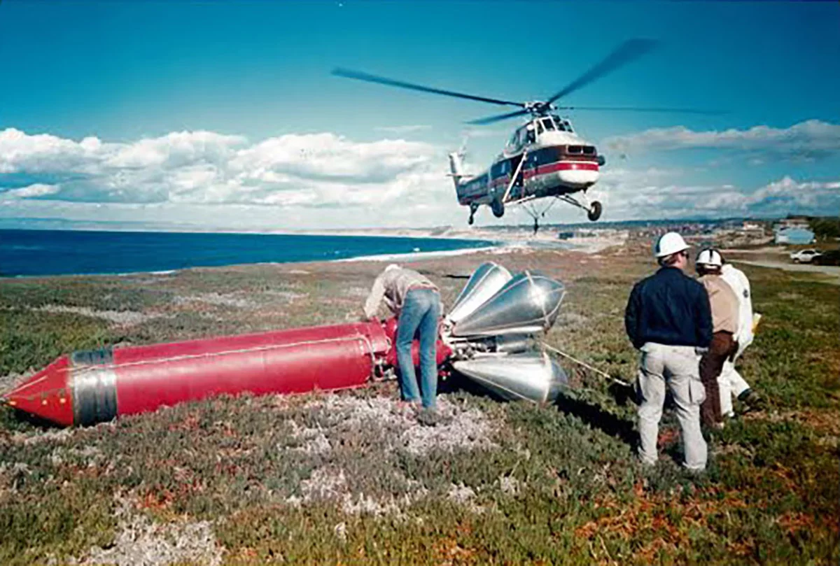 The Truax X-3 rocket was re-entry drop tested for the Naval Research Labs from a Sikorsky helicopter into Monterey Bay. Dezso served as test coordinator between the rocket team on the ground and flight crew.