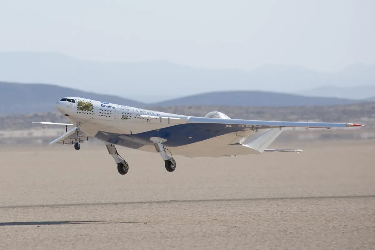 The remotely operated X-48C Blended Wing Body aircraft lifts off Rogers Dry Lake at Edwards Air Force Base, Calif., on its first test flight Aug. 7, 2012 (Photo: NASA / Carla Thomas)