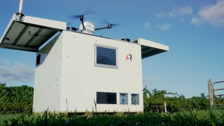 The Scout agriculture drone, about to take off from its Drone Station