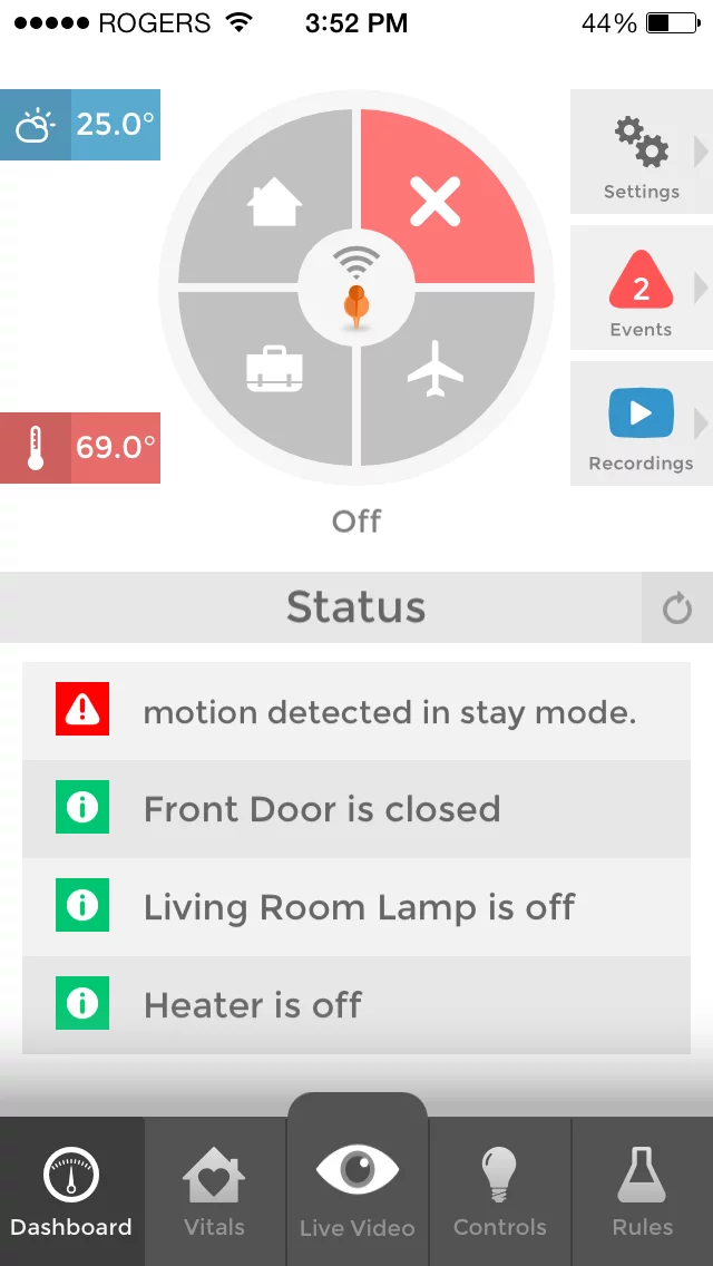 The app dashboard provides an at-a-glance look at a home's status