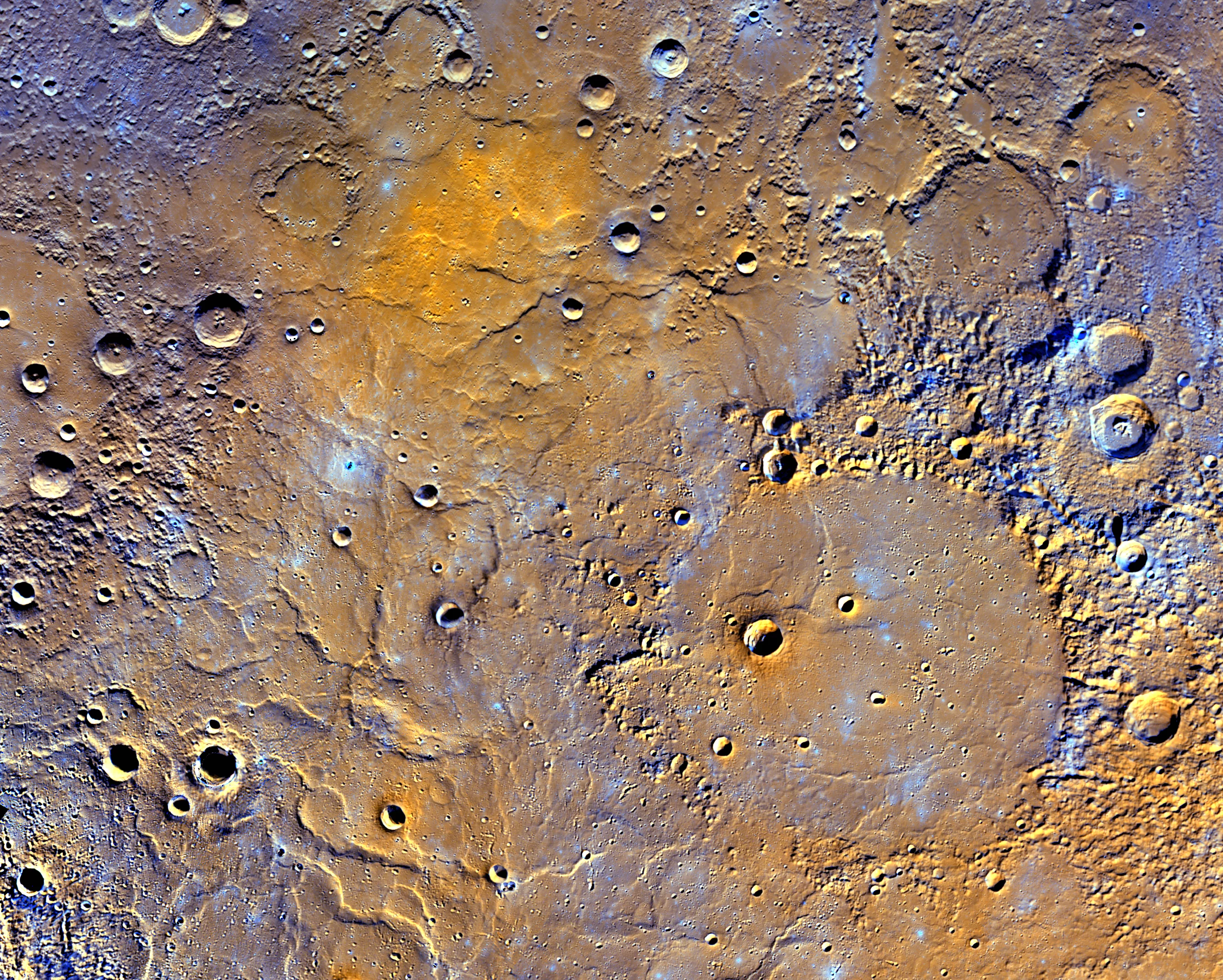 A color-enhanced view of the northern volcanic planes of Mercury