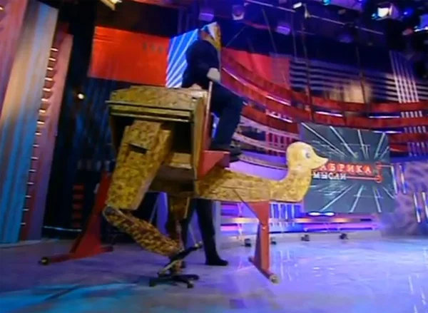 Konstantin Ivanov's ostrich robot carried a dummy on Russian TV