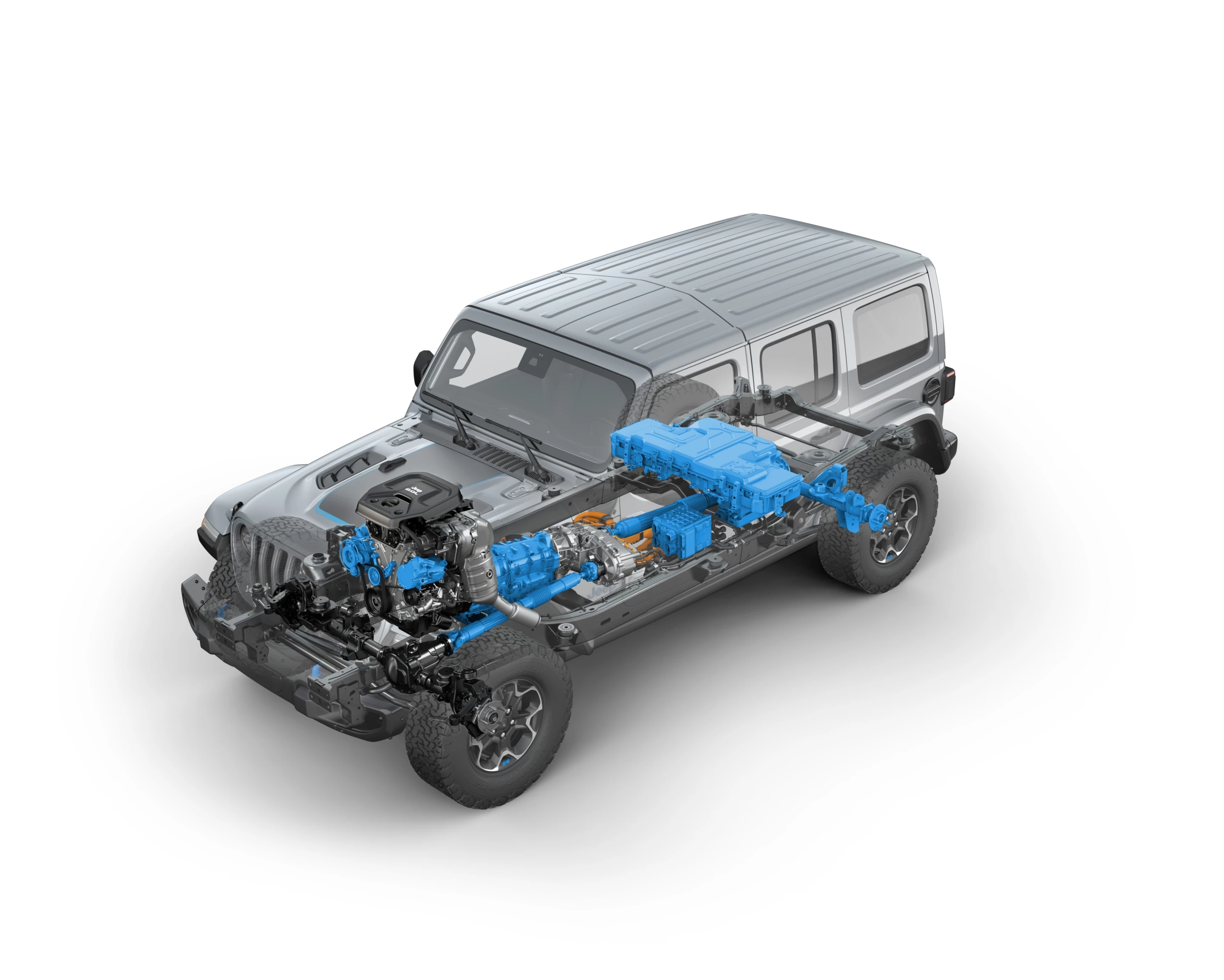 In this cutaway, the 2021 Jeep Wrangler Rubicon 4xe hybrid electric's EV components are highlighted