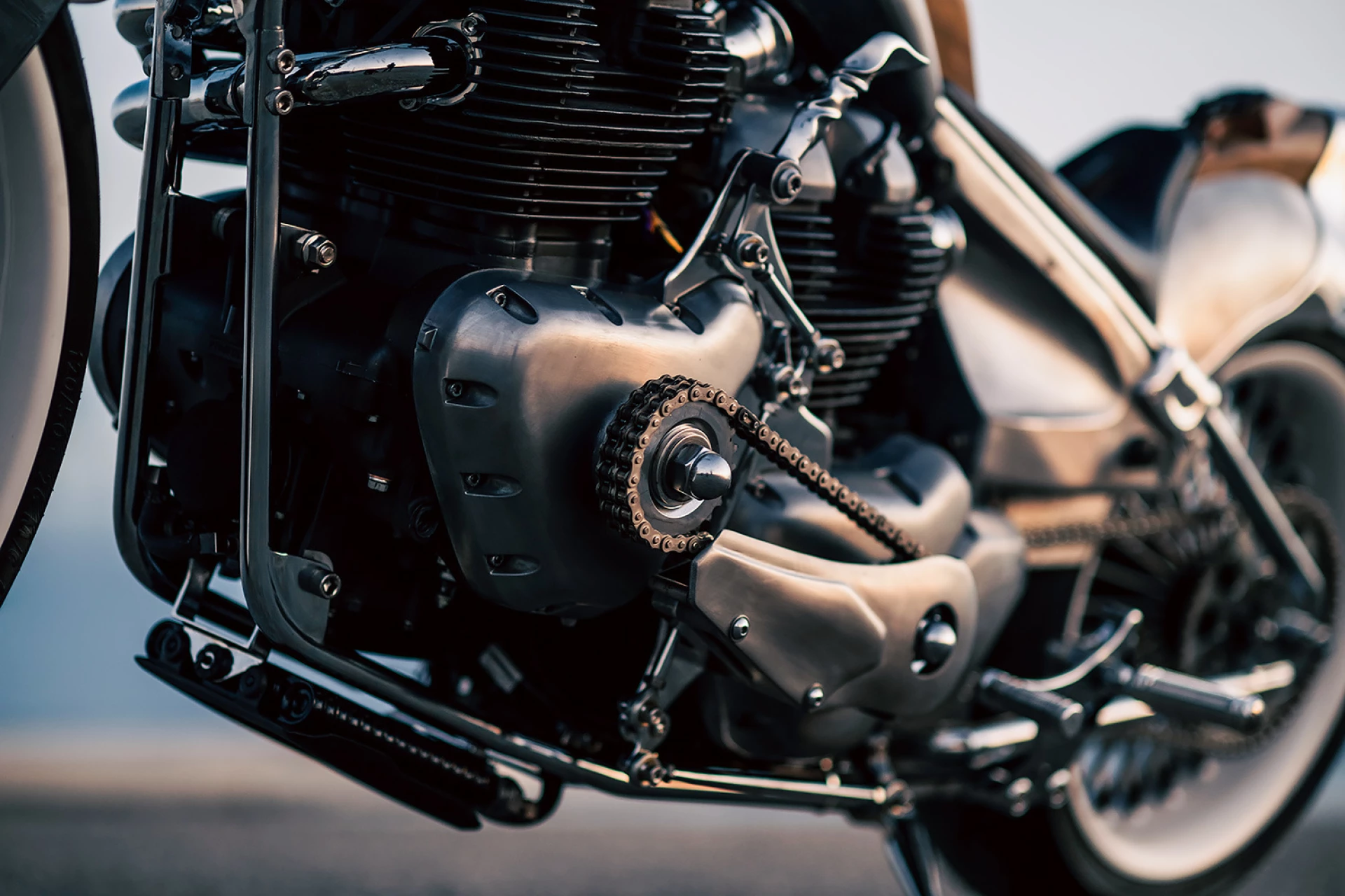 This custom Royal Enfield chopper is fitted with a four-cylinder drivetrain
