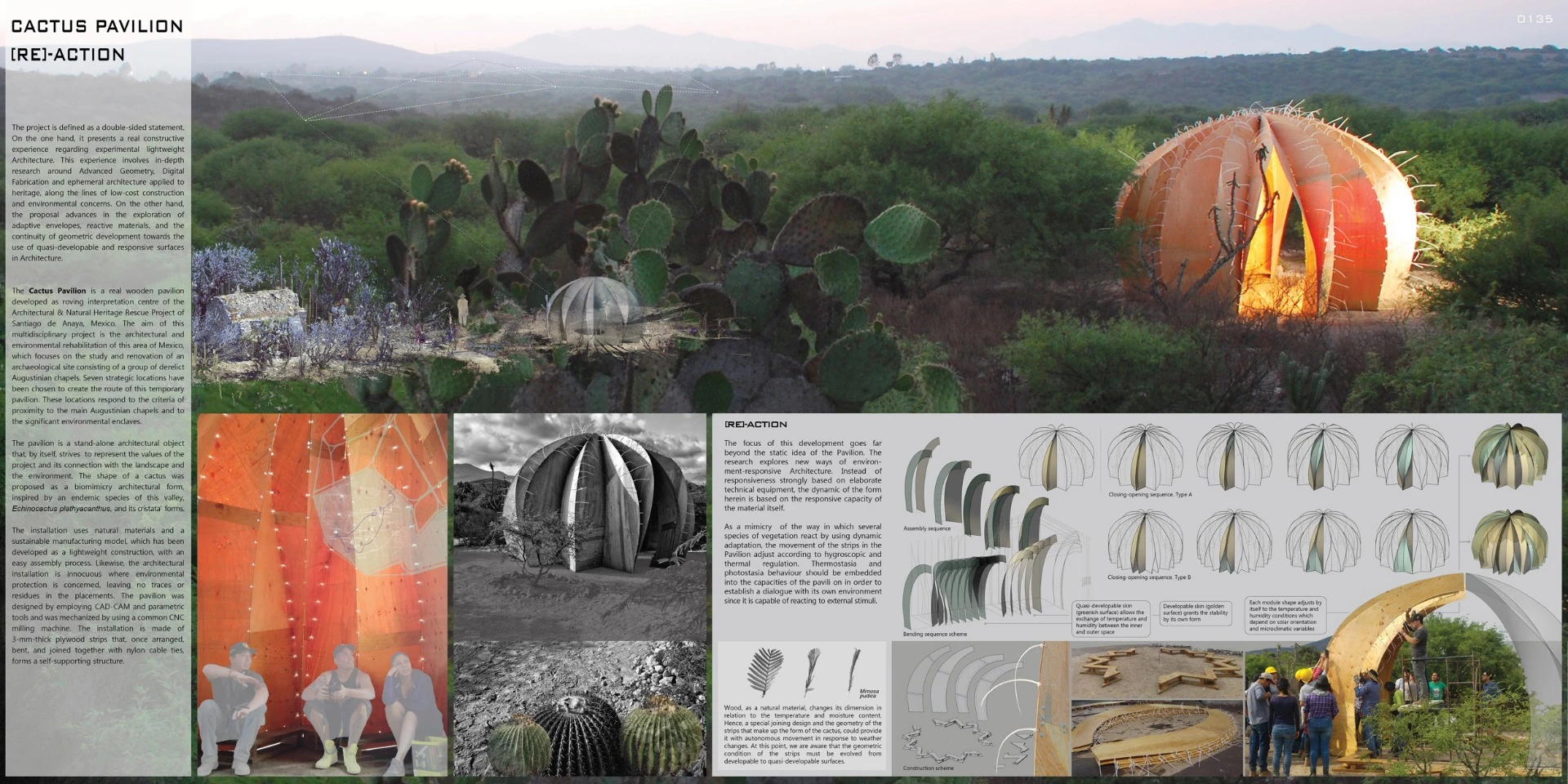 Honorable Mention - Cactus Pavilion. Designer notes: "The project is defined as a double-sided statement. On the one hand, it presents a real constructive experience regarding experimental lightweight Architecture. This experience involves in-depth research around Advanced Geometry, Digital Fabrication and ephemeral architecture applied to heritage, along the lines of low-cost construction and environmental concerns. On the other hand, the proposal advances in the exploration of adaptive envelopes, reactive materials, and the continuity of geometric development towards the use of quasi-developable and responsive surfaces in Architecture."