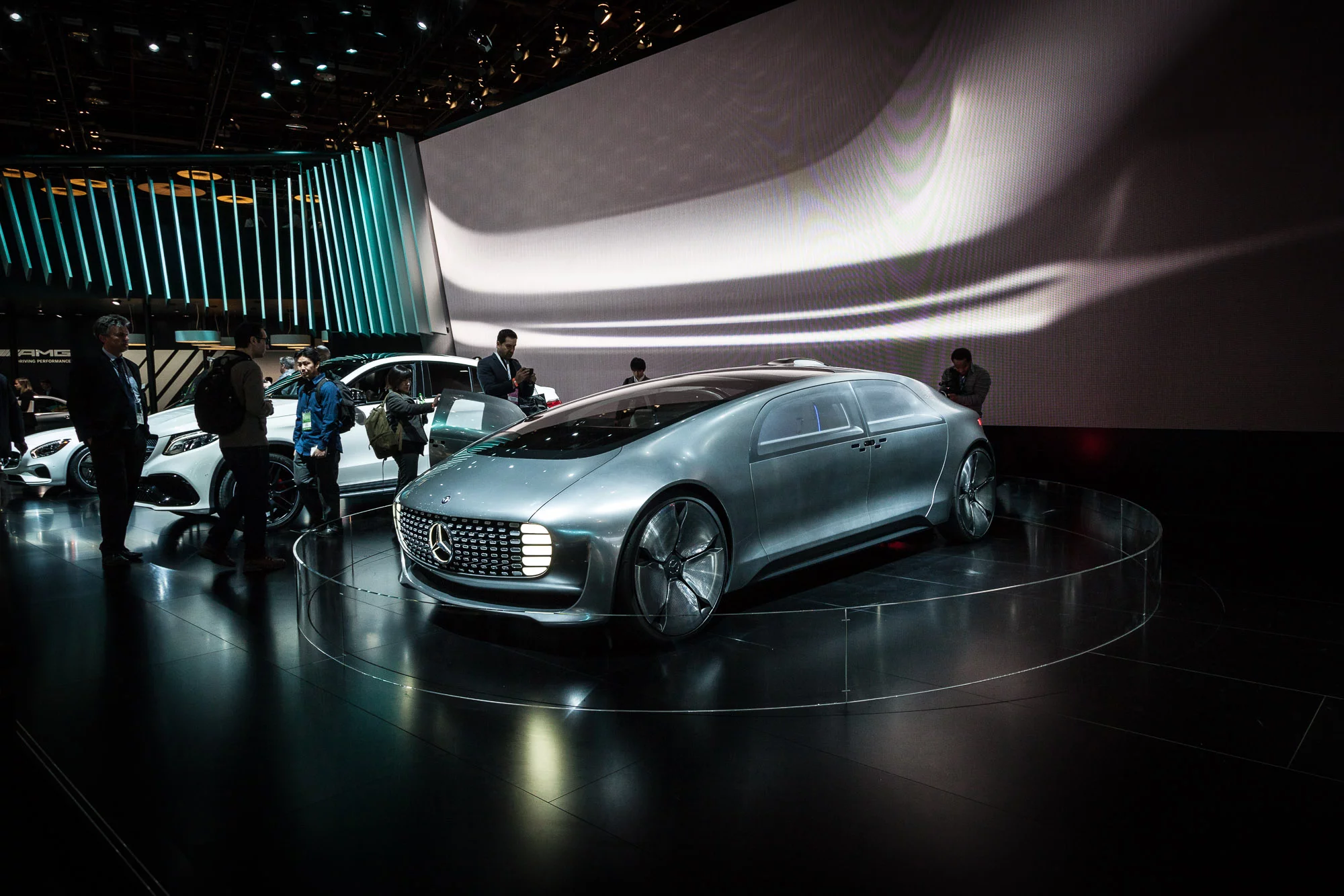 Mercedes brought its F015 autonomous concept vehicle across from CES. Its future-smooth lines and conference-style rotating front seats show the company's vision for a social driving experience once the cars are doing the driving for you (Photo: Gizmag/Loz Blain)