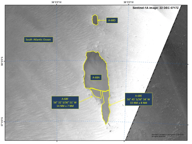 Satellite image of A-68a showing the split of two large fragments