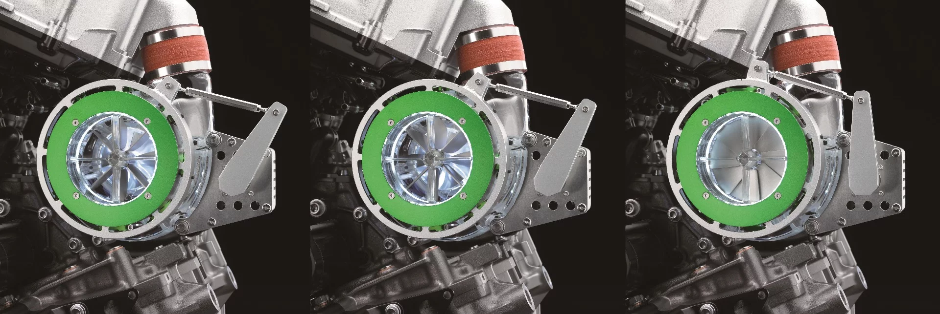 The technology disclosed with the showing of the engine is Kawasaki's use of electronically-controlled flaps in the supercharger intake which allow both the volume and direction of intake air to be regulated for increased efficiency